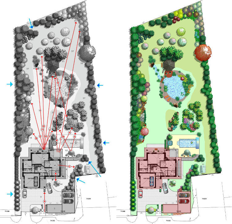 Vlevo černobílý plán domu se zahradou a jezírkem se zvýrazněnými a popsanými pohledy. Vpravo tentýž plán v barvě ve formě idey architekta.