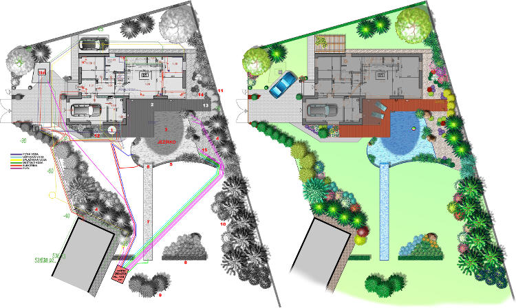 Vlevo černobílý plán domu s garáží, rozsáhlou zahradou a jezírkem. V obrázku jsou barevně vyznačené rozvody. Vpravo barevný ideový návrh téže situace.