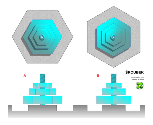 Grafický návrh fontány ve tvaru šroubu se třemi šestihrannými maticemi, zobrazený v půdorysu i bočním pohledu.