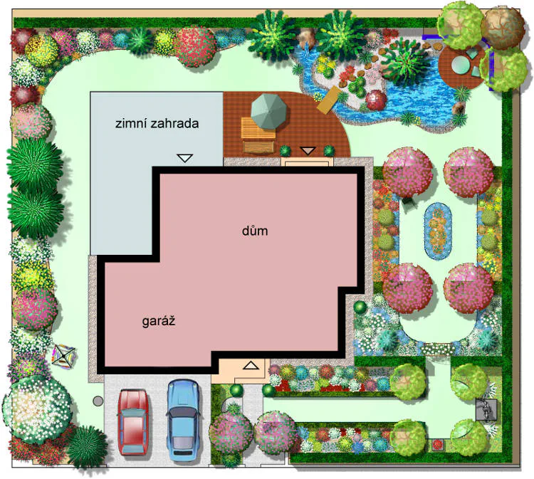 Ideový plán zeleně kolem rodinného domu. Čtvercový pozemek má uprostřed dům se zimní zahradou. Nahoře je nepravidelná část s terasou a malým jezírkem s kulatým molem a opěrnou zídkou. Vpravo pravidelná růžová zahrada. Dole mezi vstupem do domu a silnicí se nachází úzká část s pěšinou lemovanou okrasnými záhony. Vlevo vyšší zeleň odděluje pohled od souseda.