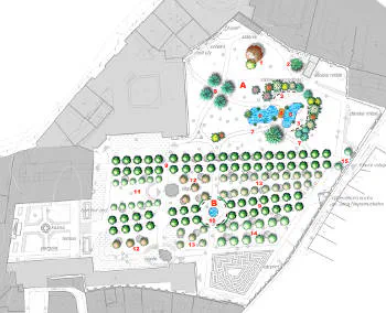 Vojanovy sady v Praze: příklad rekonstrukce veřejné zeleně s ohledem na historický kontext. Půdorys veřejného parku v Praze podle idey architekta. Dominantou parku jsou pravidelné výsatby vyšších dřevin v řadách. V severní části se nachází okrasné jezírko s klidovou zónou pro návštěvníky.