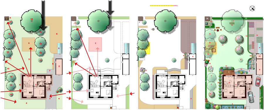 Detail nákresů z analýzy pozemku pro rekonstrukci zahrady. Zleva: vztahy a problémy původní situace, řešení problematických prvků, navrhované nové plochy a stavby a ideový návrh. Půdorys pozemku s domem ve čtyřech vyobrazení z nichž každé řeší specifickou situaci.