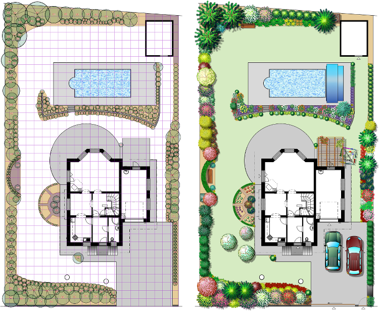 Vlevo umístění rostlin na zahradě pomocí metrové sítě, vpravo výchozí ideový návrh. Vlevo schématicky vyznačené rostliny na pomocné metrové mřížce. Vpravo ideový návrh v plné barvě.