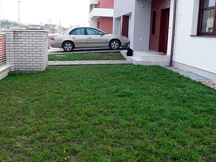 Prázdná rovinatá předzahrátka mezi plotem a vchodem do domu.