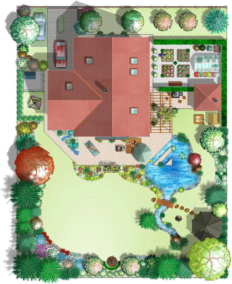 Barevný plánek domu s velkou terasou, jezírkem a okrasnou i užitkovou zahradou. Celý pozemek a tedy i pohled do domu je krytý stromy a dalšími vysokými dřevinami. Na zahradě proti domu je také pergola vedle níž pramení potok, který dále teče do jezírka.